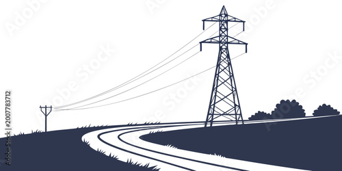 Foto Silhouetted power transmission tower and utility pole on a grassy hill with a wi