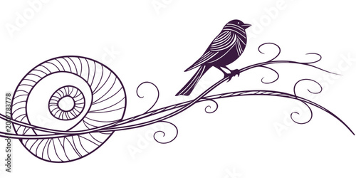 Bild auf Leinwand Ornate stylized bird perched on a decorative spiral branch delicate illustration