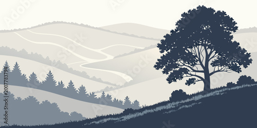 Fotografie Silhouette of a majestic tree on a hillside overlooking serpentine roads in a mi