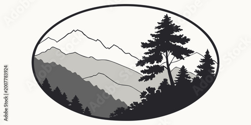 Slika na platnu Oval silhouette graphic of mountain range with pine trees and lone tree mountain