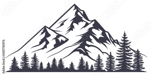 Canvas Print Mountain peak with pine trees and foreground silhouette graphic illustration mou