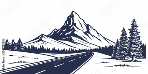 Curving mountain road through a dense pine forest with a towering peak in the distance monochrome graphic illustration pine trees mountain landscape adventure wilderness
