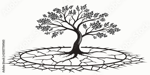 Fotografie Stylized graphic of a tree with roots contained within a circle of dry cracked e