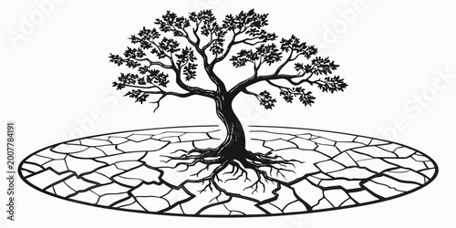 Фотография Stylized tree with exposed roots on dry cracked ground illustrating drought and