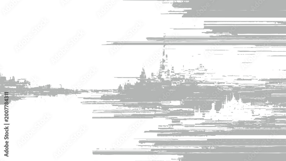 Fototapeta premium Glitchy distorted cityscape with abstract digital error effects on white background