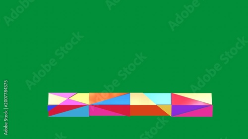Colorful Geometric 3D Shards Flying and Converging to Form Lower Third on Green Screen. 3D Rendering.