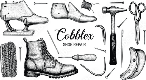 Schilderij op canvas Vintage cobbler tool vector illustration featuring shoe repair equipment, boot,