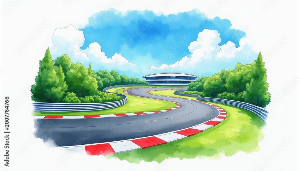 Fototapeta premium Watercolor illustration shows winding asphalt race track surrounded by green trees under blue sky with clouds. Modern building stands at edge of circuit. Vivid artwork.