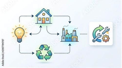 A drawing of a house, a light bulb, and a recycling symbol on a white background.