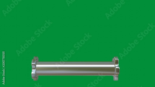 3D Metallic Chrome Cylinder Lower Third with Rotating Gears Extending on Green Screen. 3D Rendering.