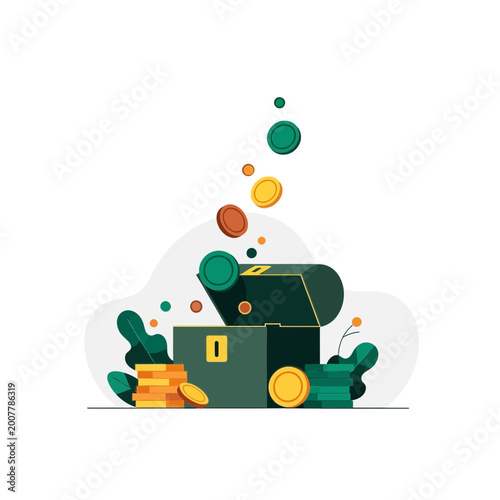 A vibrant illustration of an open treasure chest overflowing with gold coins and valuable objects against a dark background.