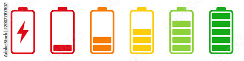 Battery level indicators. Colorful battery charge level icons. Battery power level pictograms in outline style. Battery level indicators. vector illustration.