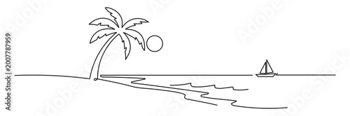Картината върху платно Minimalist tropical beach landscape drawn in continuous one line style