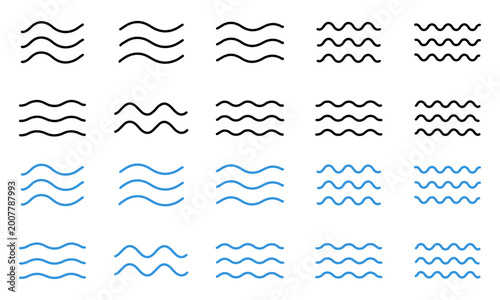 Water waves icon set. Three parallel wavy lines symbolizing waves or water flow vector illustration. Simple sea ripple pictogram symbol. Clean water sign. Minimalist wave pictogram. Editable stroke