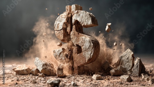 Symbol of financial crisis and economic collapse, a dollar sign breaks apart