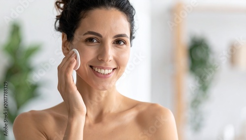 Free Download Happy young woman applying facial toner with a soft cotton pad while looking at the camera during her morning skincare routine at home. - GFXLoad