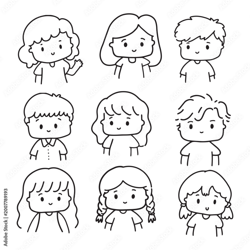 Fototapeta premium Cute and Kawaii Kids Outline Illustration. Cute children's face icons in line art style, featuring diverse expressions and hairstyles