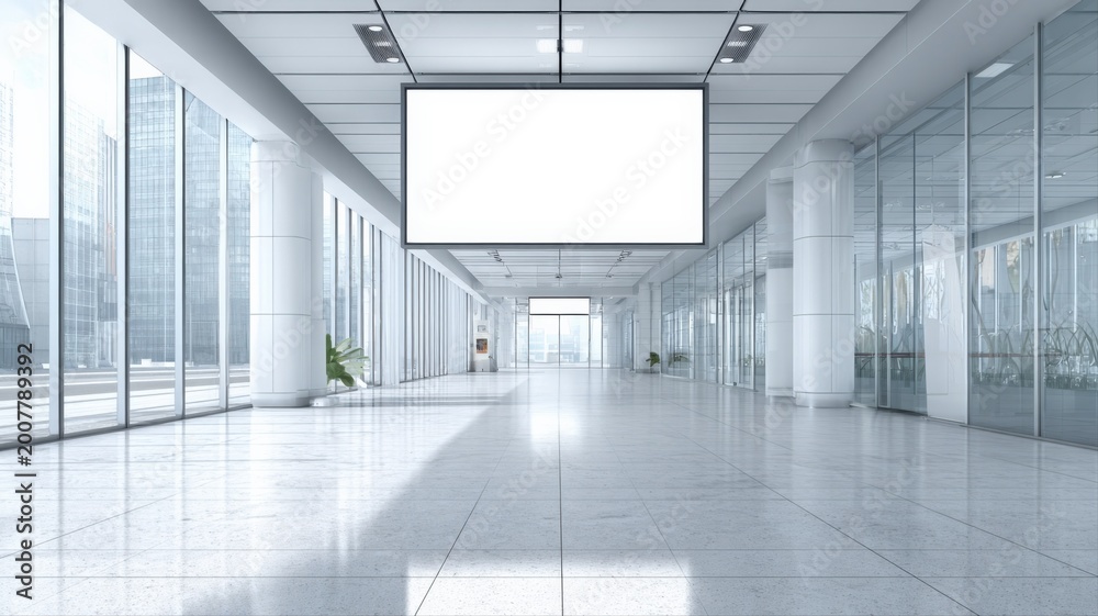 Fototapeta premium Modern office lobby with large blank digital screen on ceiling and bright natural light streaming through glass windows