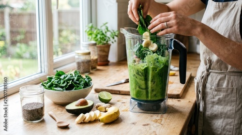 A person preparing a green smoothie in a kitchen with fresh spinach, bananas, and avocados.