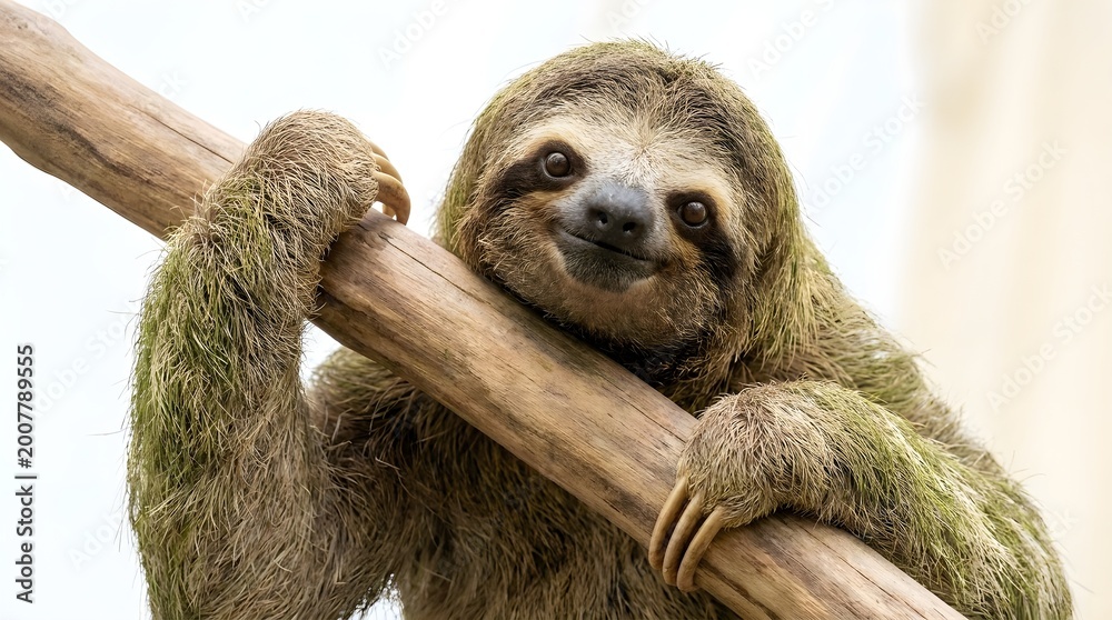 Fototapeta premium Front-Facing Sloth Gripping Branch with Both Arms – Humorous Expression, High-Key Minimal Studio Lighting, Ultra-Realistic Texture, 8K Wildlife Portrait