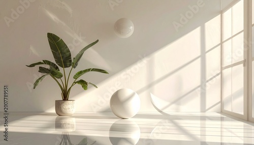 Minimalist interior scene with a tropical plant in a pot and geometric spheres casting soft morning sunlight shadows on a white wall floor.