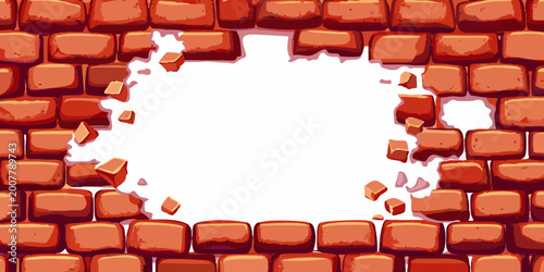damaged brick wall with a hole illustration on white background