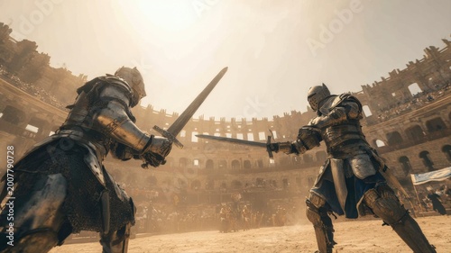 Two armored knights in a gladiatorial arena engaged in a fierce sword fight under a hazy sun
