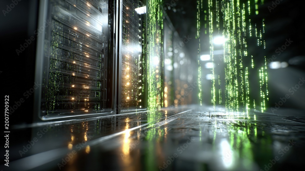 Obraz premium Futuristic Data Center Hallway with Glowing Green Digital Streams of Information