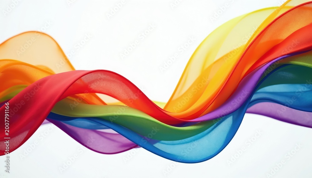 Fototapeta premium Wavy rainbow colored fabric flows smoothly. Translucent material waves create a vibrant spectrum of colors on white background, evoking joy and movement.