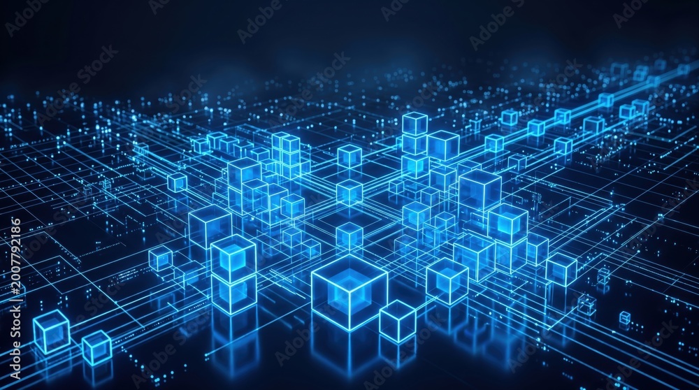 Obraz premium Expansive digital network of glowing blue cubes and lines