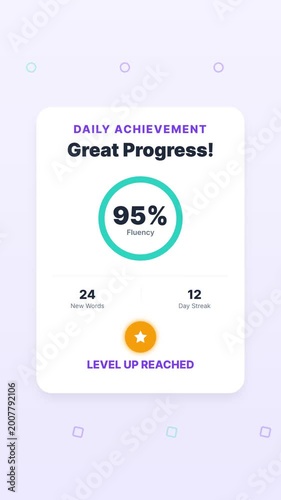Language learning achievement screen with level up