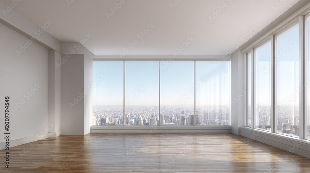 Fototapeta premium Spacious Modern Office Space with Panoramic City Views and Polished Hardwood Floors