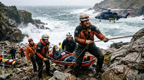 A rescue team using a rope to rescue a person from a rocky cliffside.