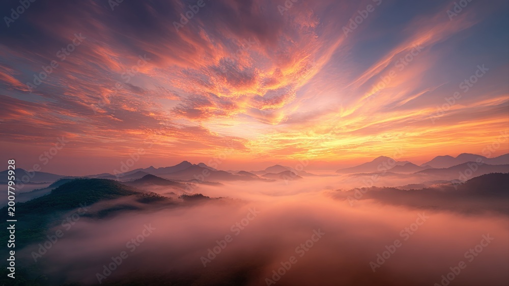 Fototapeta premium Breathtaking Sunrise Over Misty Mountains Landscape with Vibrant Fiery Clouds