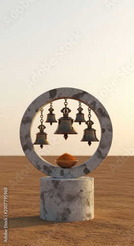 Ancient Tibetan Singing Bowl Meditation Set in Desert Landscape.