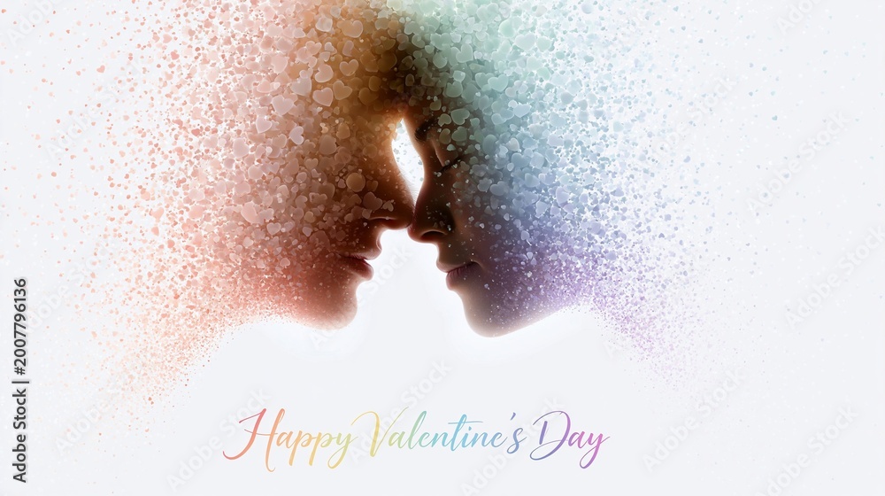 Fototapeta premium Zwei Profilsilhouetten eines Paares, die sich gegenüberstehen, mit bunten Punkten und Haaren aus Glitzerpartikeln, und dem Schriftzug „Happy Valentine's Day