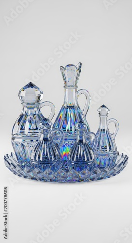 Crystal decanters and glasses on tray.
