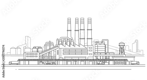 Industrial manufacturing factory line art illustration with smokestacks