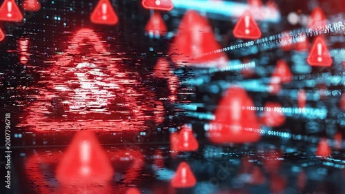 Glowing red alert triangle with padlock icon on digital blue data code background, concept for cybersecurity alert, digital data protection and cyber threat prevention