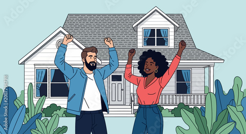фотографія Happy couple celebrating, homeownership joy, house warming, excited homeowners