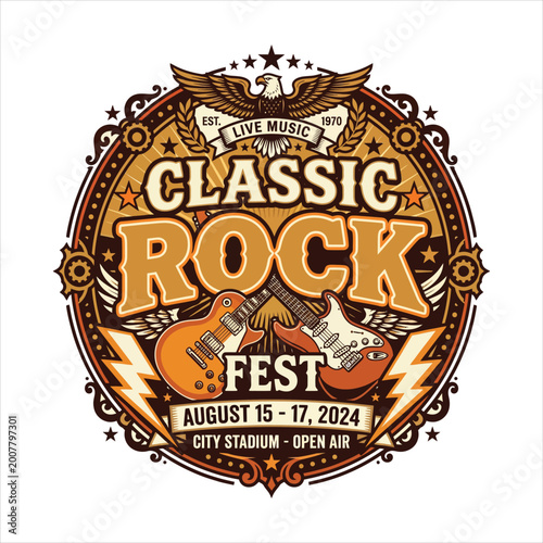 Принти на полотні Classic rock fest emblem with guitars eagle lightning bolts date rock music elec