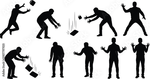 Vector set of black male silhouettes dropping objects catching items and reacting in shock or surprise