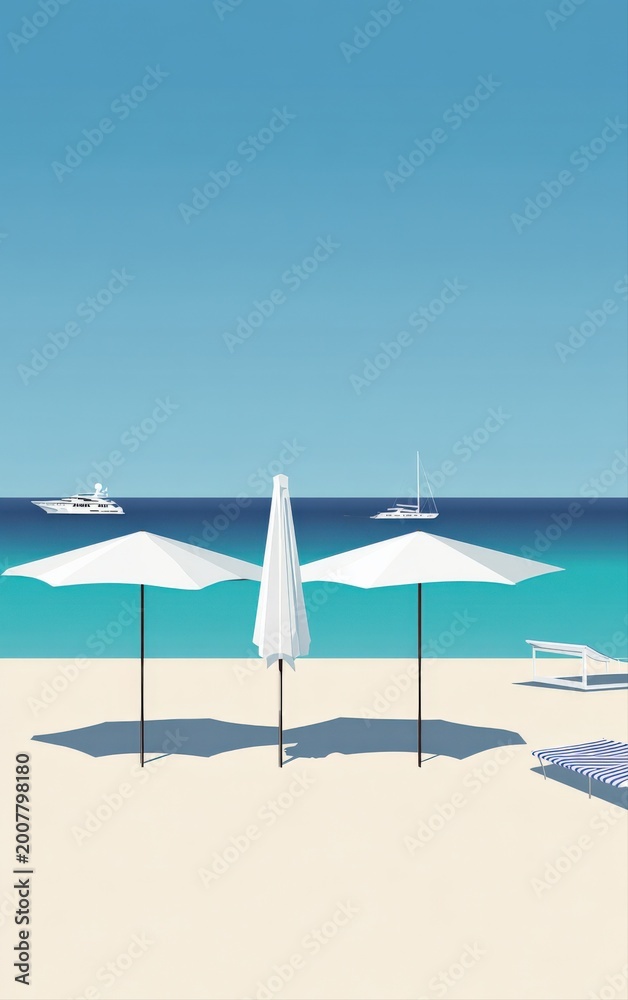 Fototapeta premium Minimalist beach scene with white umbrellas, lounge chairs, yachts, and clear turquoise ocean under a bright blue sky