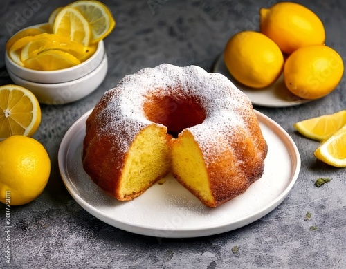 High-res photo of lemon bundt cake on white plate, powdered sugar, sliced pieces, moist texture, lemons around, grey stone table, pastel teal teapot, soft light, shallow depth, no text
