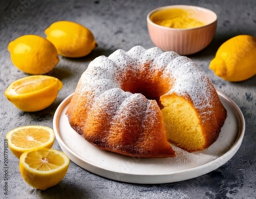 High-res photo of lemon bundt cake on white plate, powdered sugar, sliced pieces, moist texture, lemons around, grey stone table, pastel teal teapot, soft light, shallow depth, no text