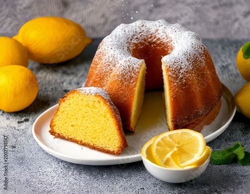 High-res photo of lemon bundt cake on white plate, powdered sugar, sliced pieces, moist texture, lemons around, grey stone table, pastel teal teapot, soft light, shallow depth, no text