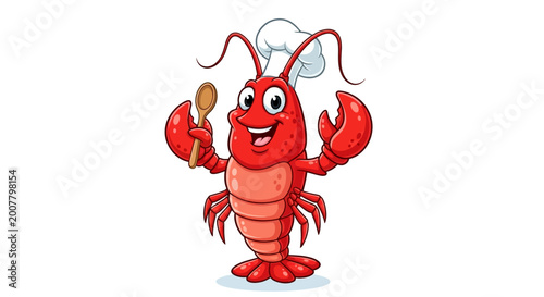 Cartoon lobster chef holding wooden spoon and smiling on white background