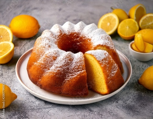 High-res photo of lemon bundt cake on white plate, powdered sugar, sliced pieces, moist texture, lemons around, grey stone table, pastel teal teapot, soft light, shallow depth, no text