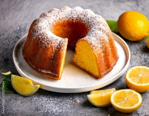 High-res photo of lemon bundt cake on white plate, powdered sugar, sliced pieces, moist texture, lemons around, grey stone table, pastel teal teapot, soft light, shallow depth, no text