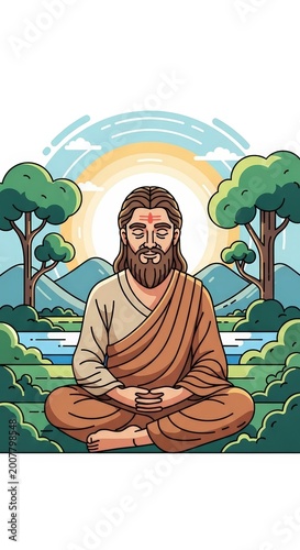 Hindu man meditating in nature peacefully.